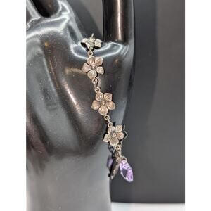 Vintage 925 Sterling Silver Flower Station Purple Crystal Flower Charm Bracelet